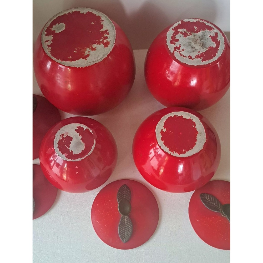 Vtg Red Apple 4-Pc Aluminum Metal Cannister Set MCM Kitchen - Picture 10 of 10